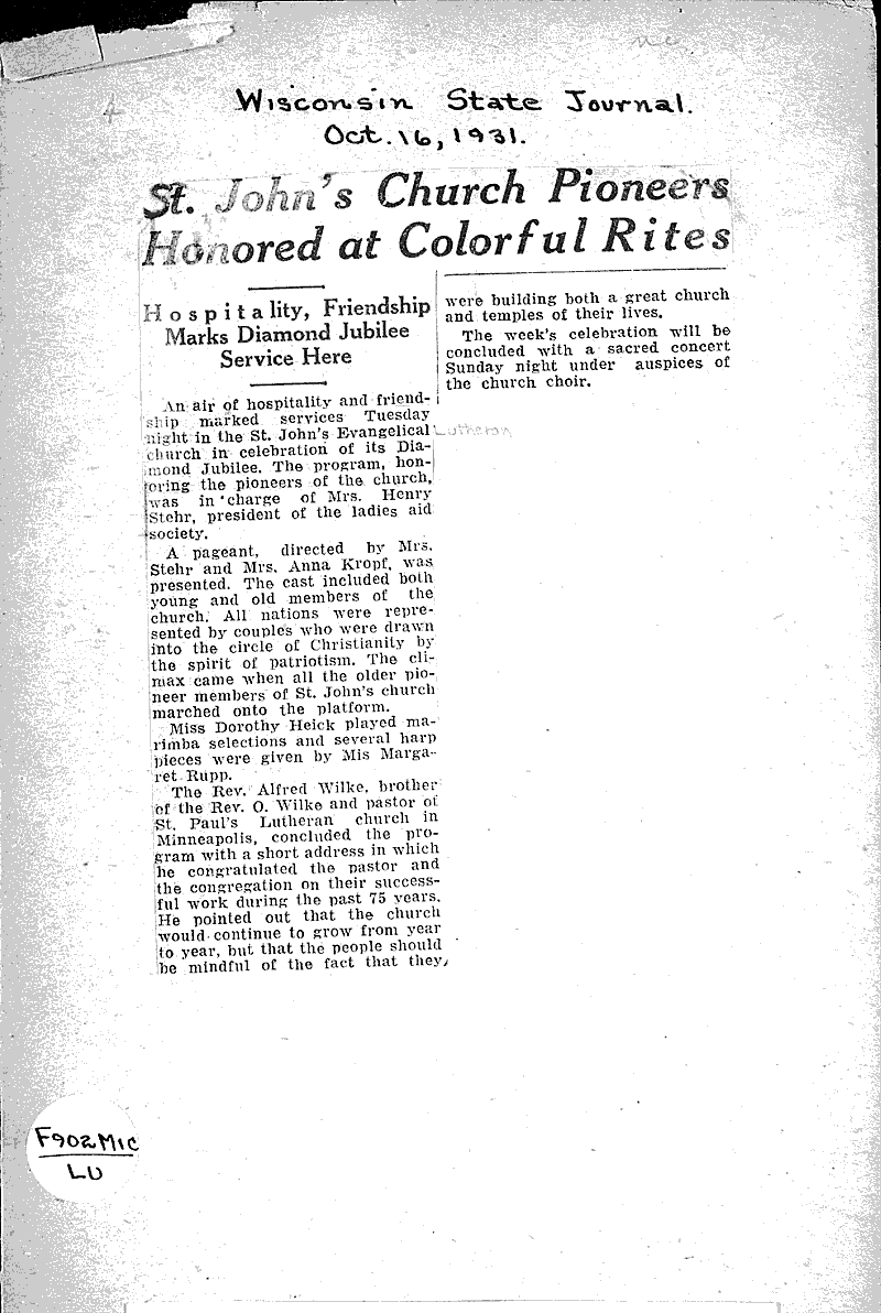  Source: Wisconsin State Journal Topics: Church History Date: 1931-10-16
