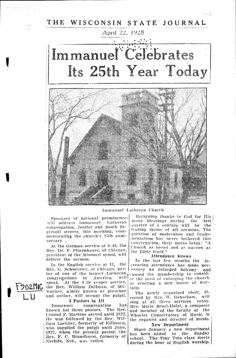  Source: Wisconsin State Journal Topics: Church History Date: 1928-04-22