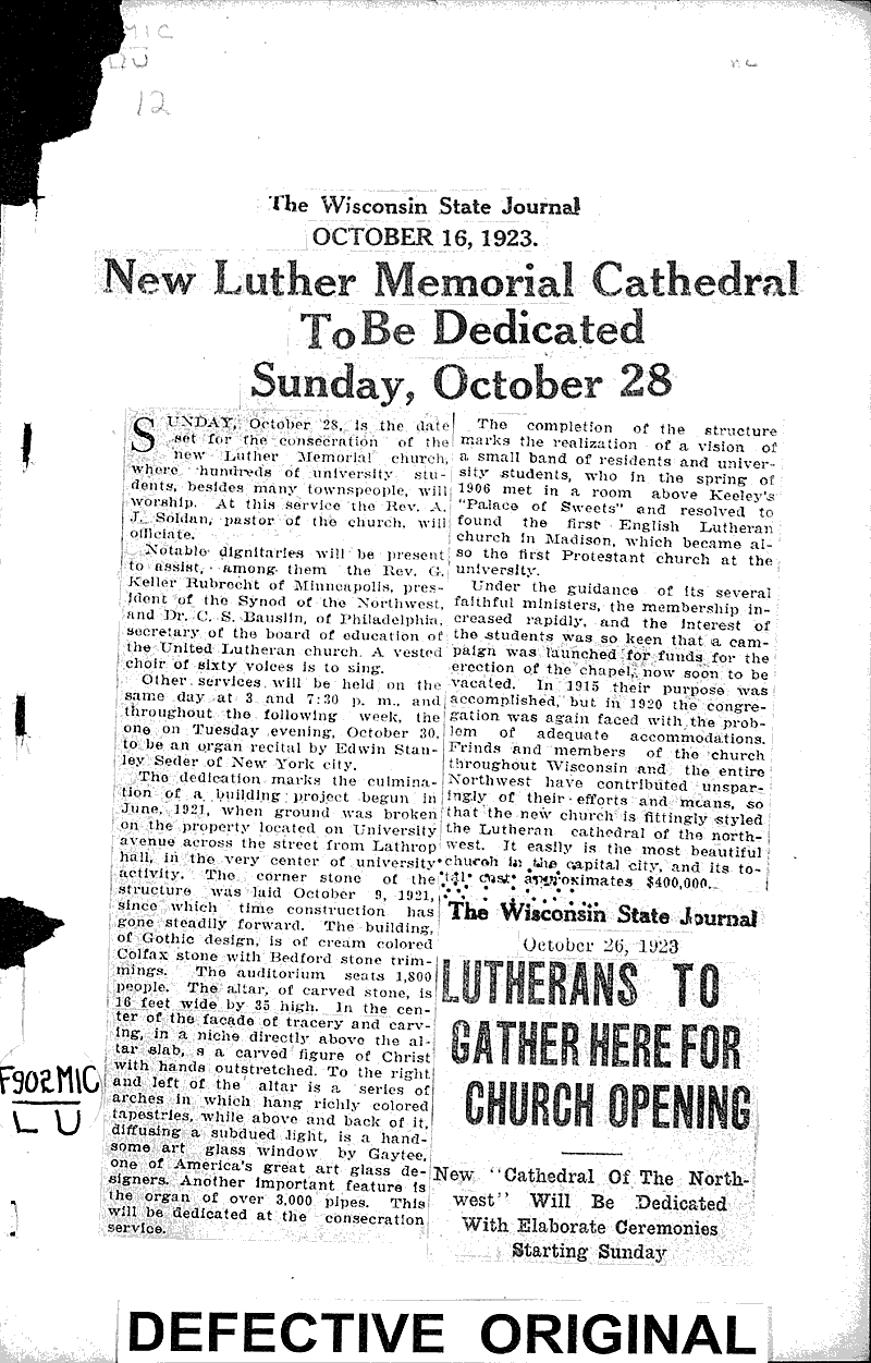  Source: Wisconsin State Journal Topics: Church History Date: 1923-10-16