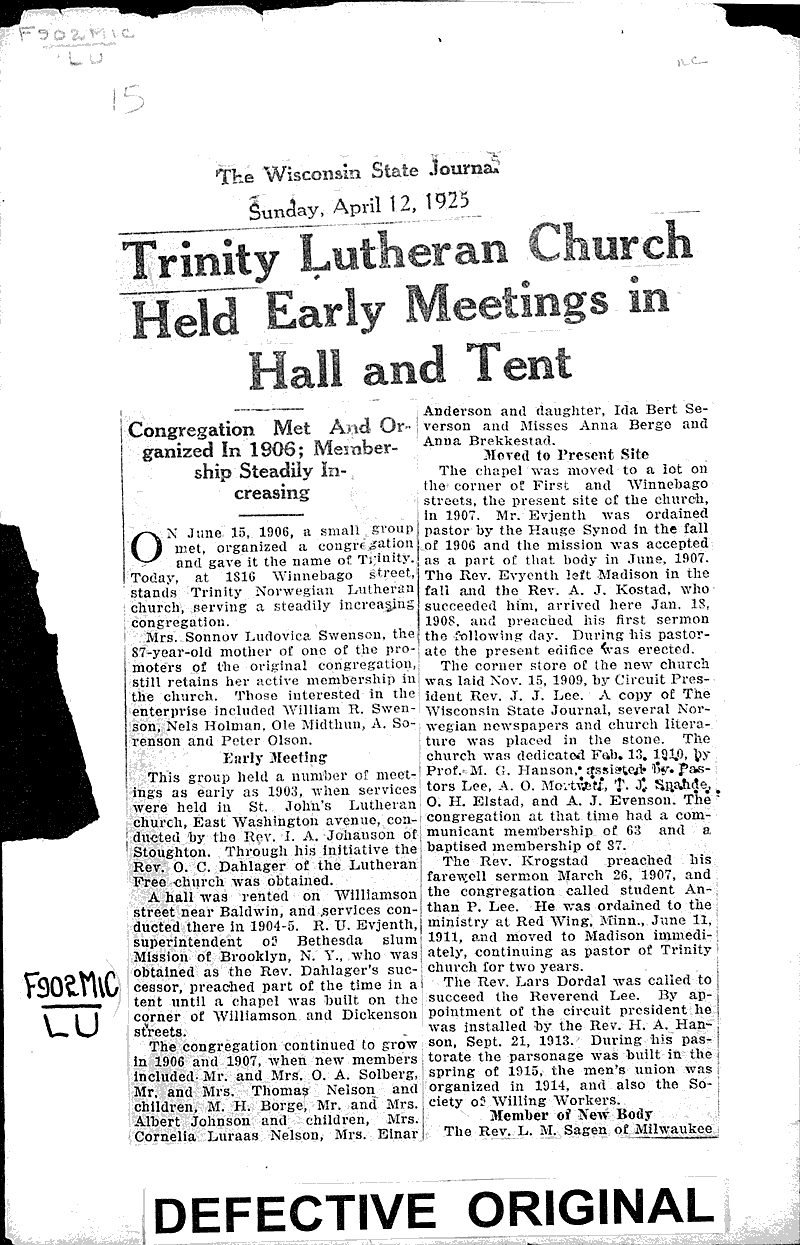 Source: Wisconsin State Journal Topics: Church History Date: 1925-04-12