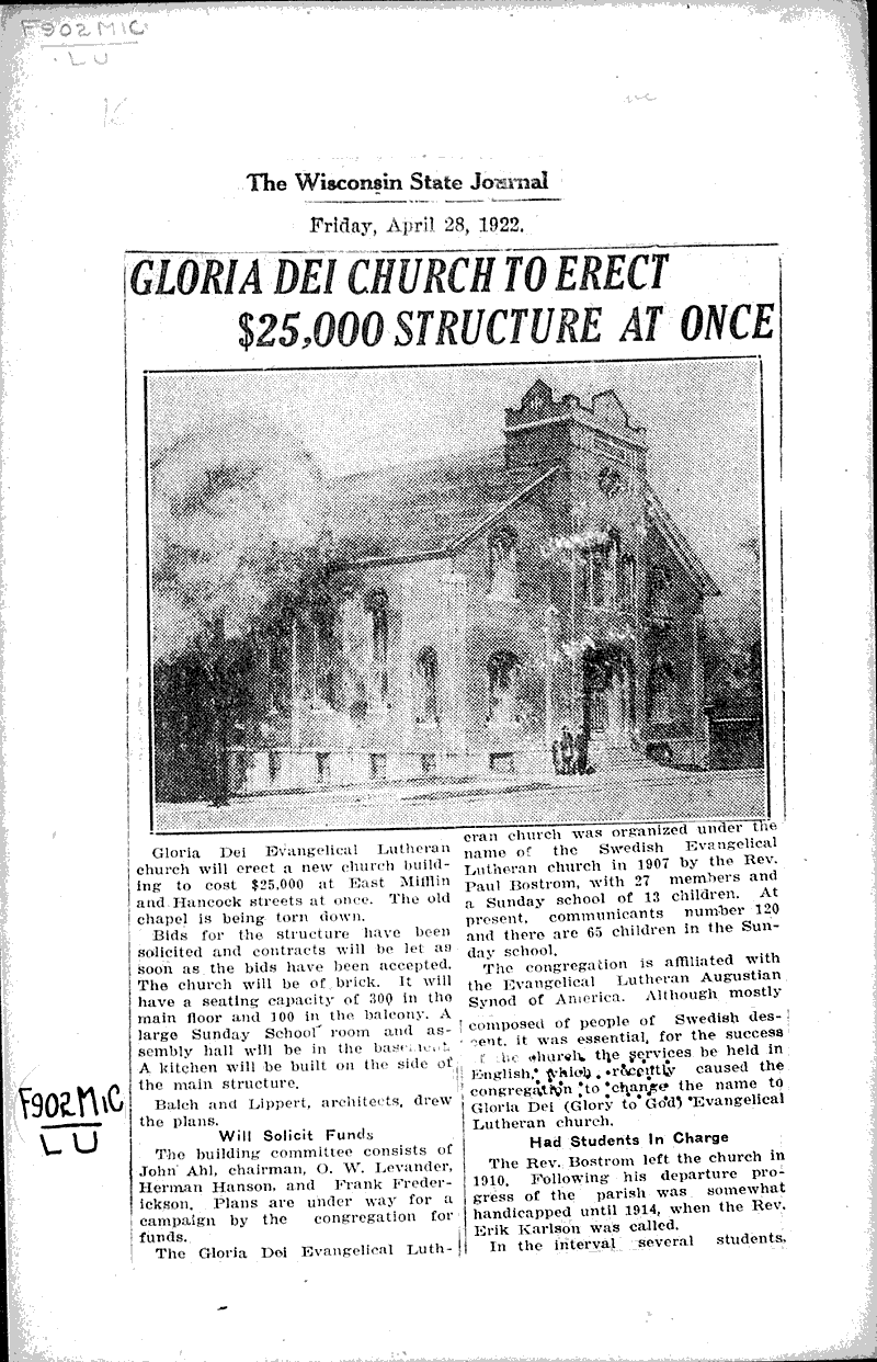  Source: Wisconsin State Journal Topics: Church History Date: 1922-04-28