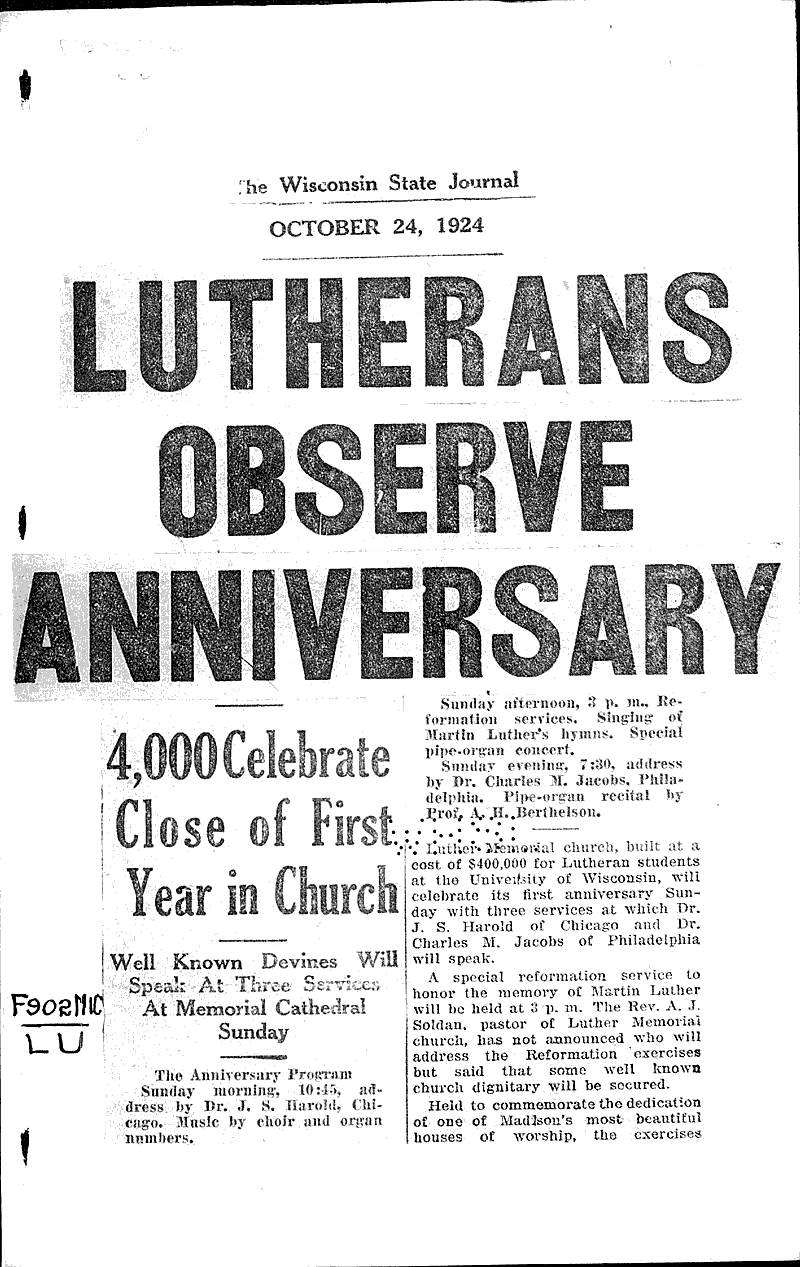  Source: Wisconsin State Journal Topics: Church History Date: 1924-10-24