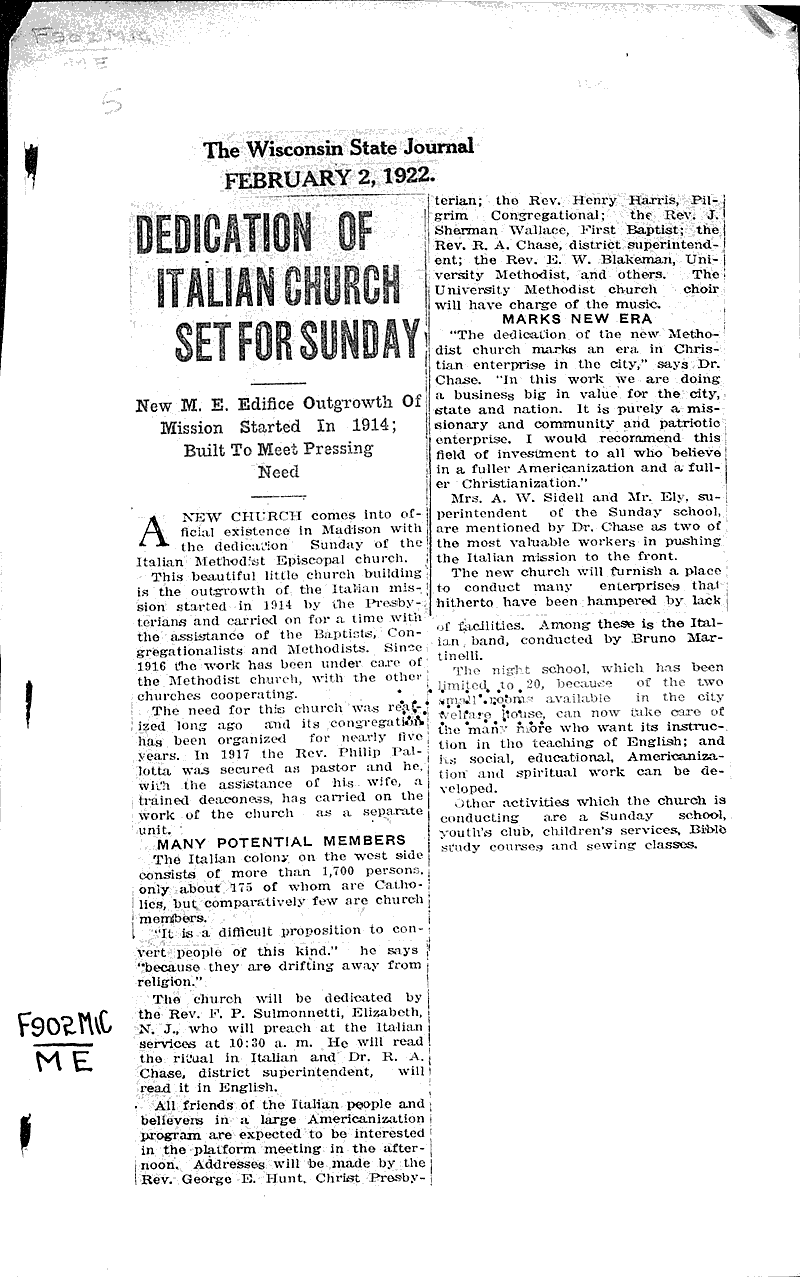  Source: Wisconsin State Journal Topics: Church History Date: 1922-02-02