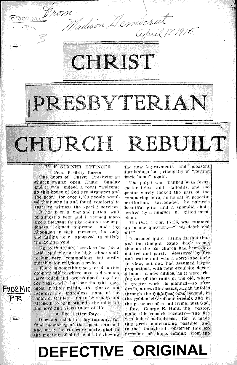  Source: Madison Democrat Topics: Church History Date: 1915-04-18