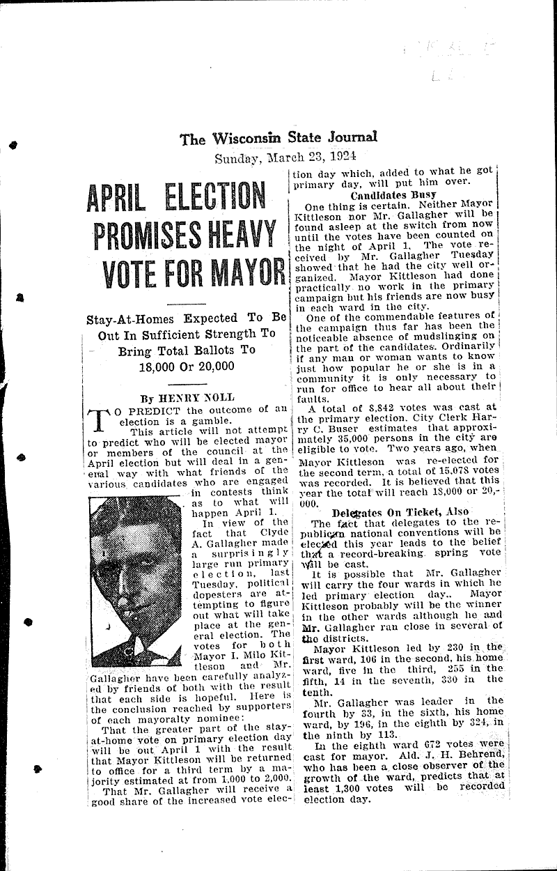 April election promises heavy vote for mayor Source: Wisconsin State Journal Topics: Government and Politics Date: 1924-03-23
