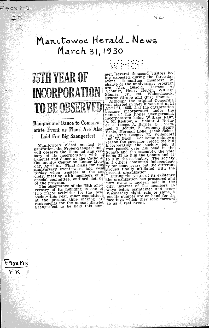 75th year of incorporation to be observed Source: Manitowoc Herald-News Date: 1930-03-31