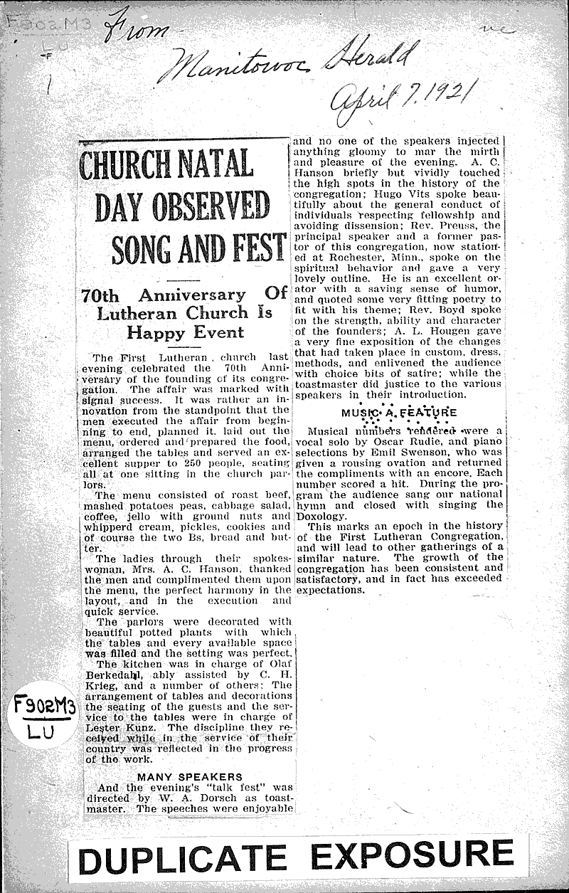  Source: Manitowoc Herald Topics: Church History Date: 1921-04-07