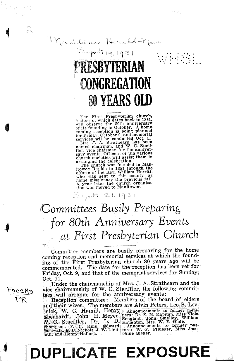 Source: Manitowoc Herald-News Topics: Church History Date: 1931-09-19