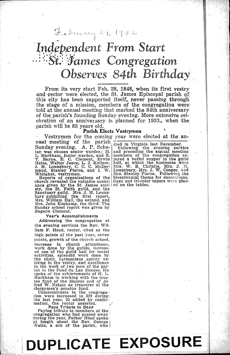 Independent from start St. James congregation observes 84th birthday Topics: Church History Date: 1932-02-29