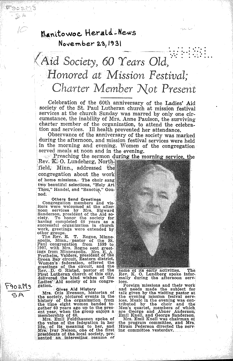  Source: Manitowoc Herald-News Topics: Church History Date: 1931-11-23