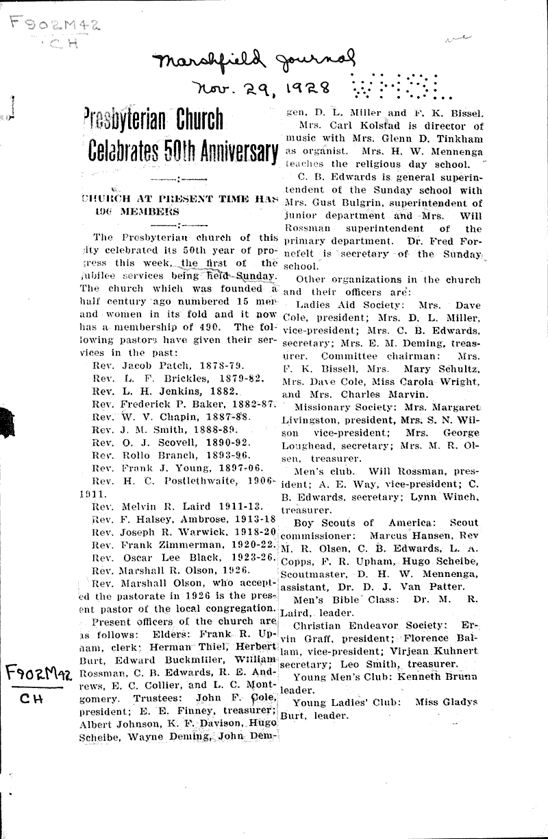 Presbyterian church celebrates 50th anniversary Source: Marshfield Journal Topics: Church History Date: 1928-11-29