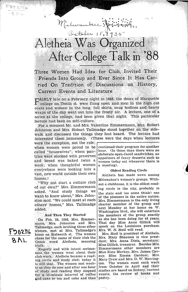 Aletheia was organized after college talk in '88 Source: Milwaukee Journal Topics: Social and Political Movements Date: 1935-10-18