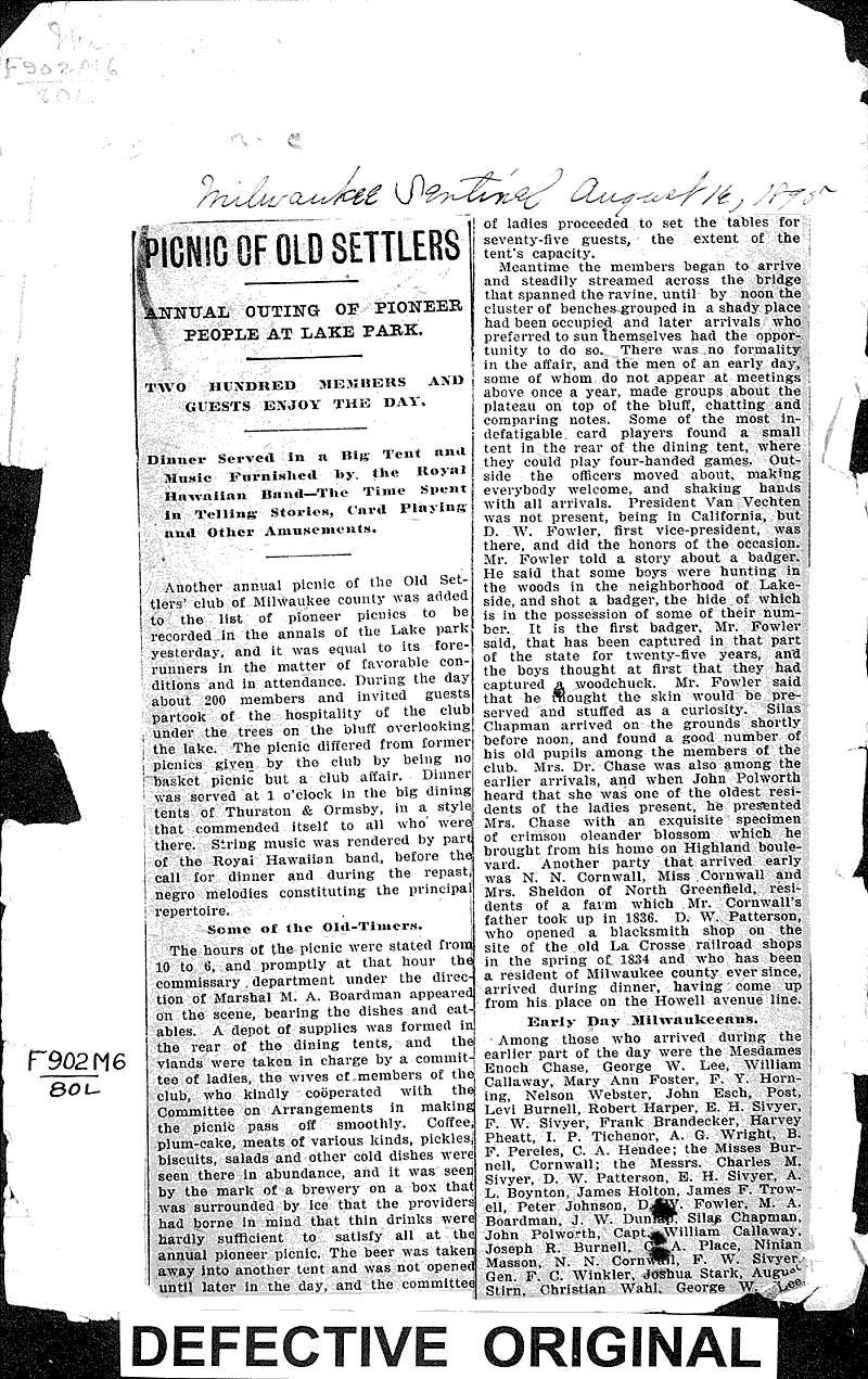 Picnic of old settlers Source: Milwaukee Sentinel Topics: Social and Political Movements Date: 1895-08-16