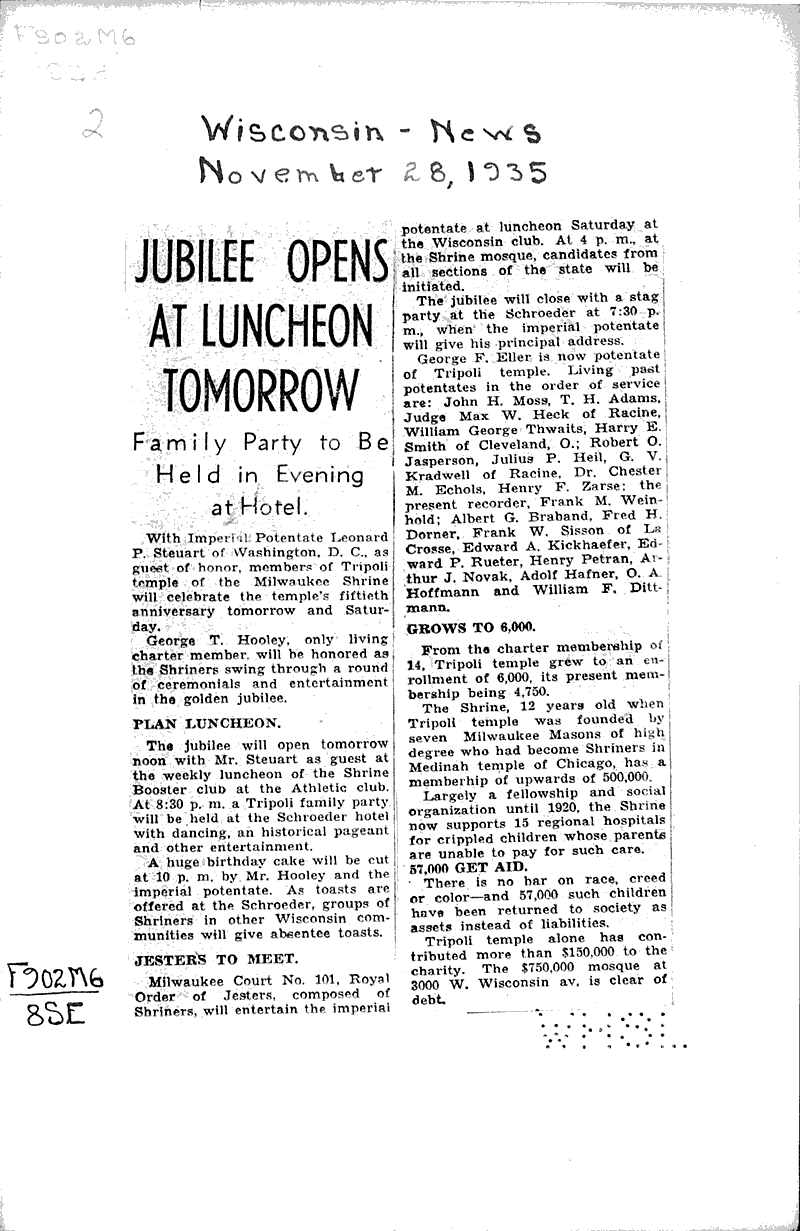 Jubilee opens at luncheon tomorrow Source: Wisconsin News Topics: Social and Political Movements Date: 1935-11-28