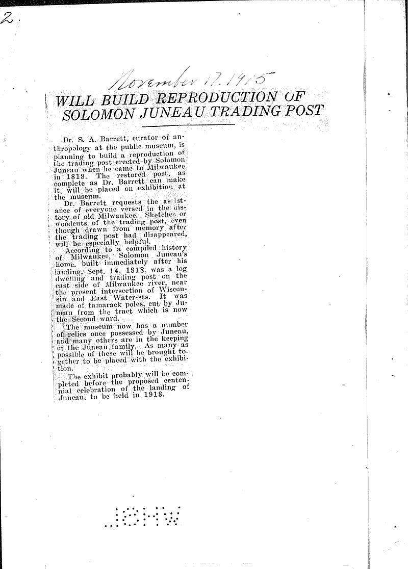 Sketch of first settlement on site of the the city of Milwaukee Source: Milwaukee Journal Topics: Industry Date: 1915-11-26