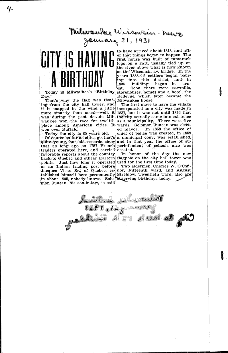City is having a birthday Source: Milwaukee Wisconsin News Date: 1931-01-31