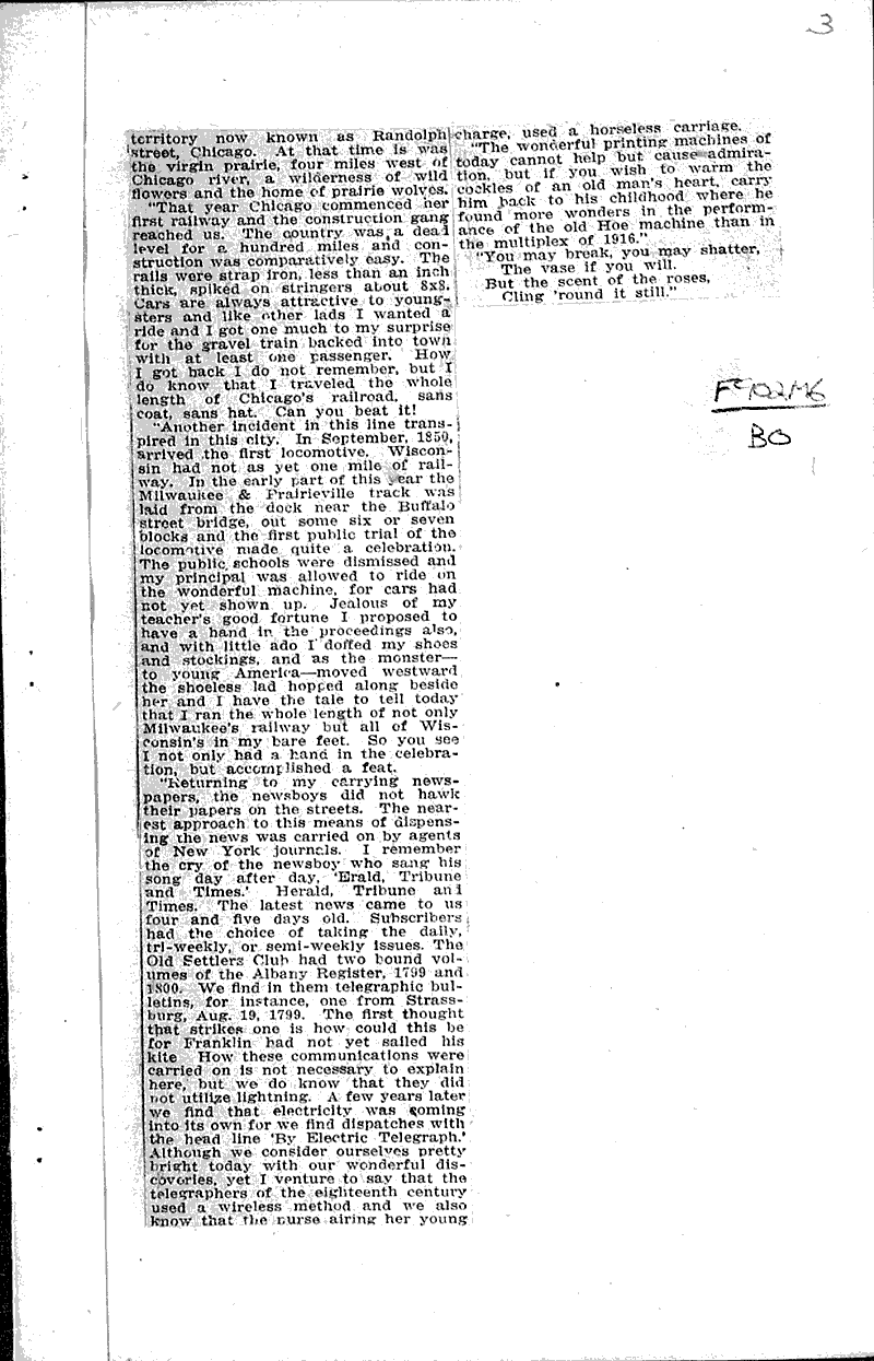Tells of carrying papers in forties when Milwaukee was largely a swamp Source: Milwaukee News Date: 1916-10-18
