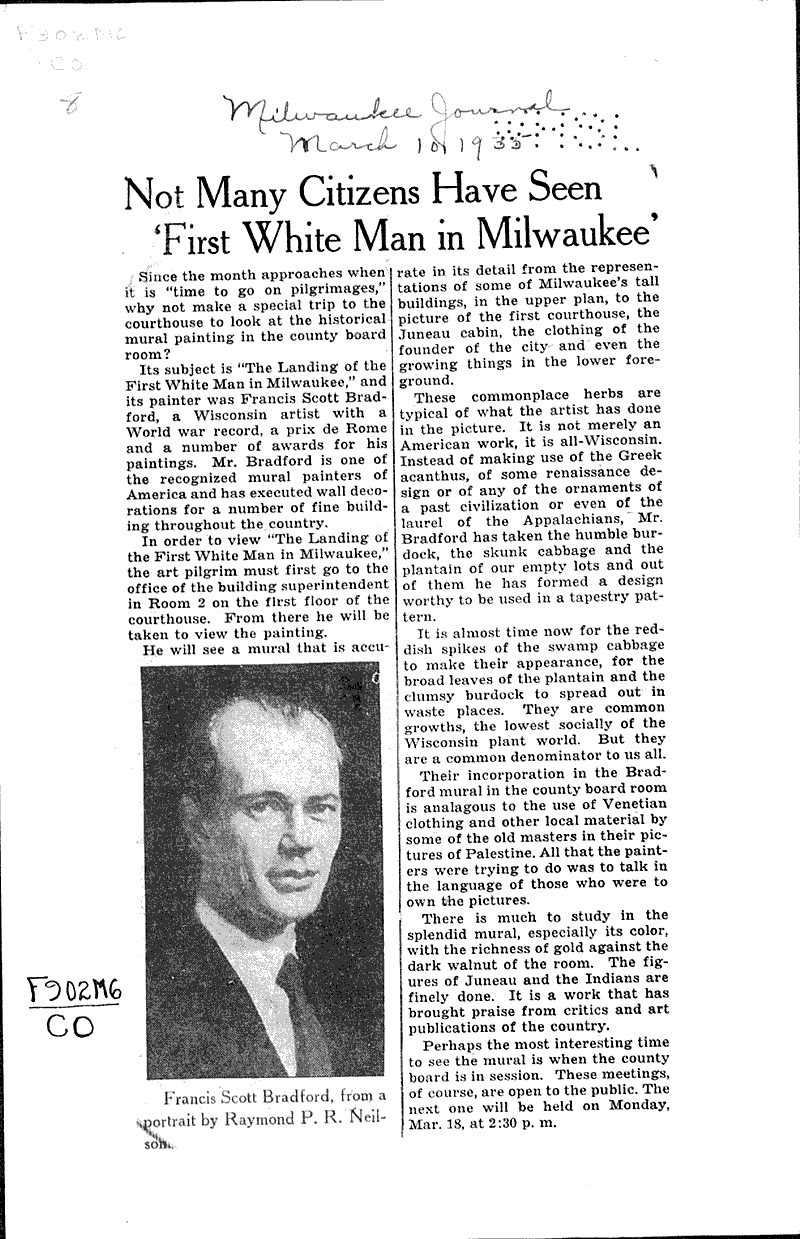 Not many citizens have seen 'first white man in Milwaukee' Source: Milwaukee Journal Topics: Art and Music Date: 1935-03-10