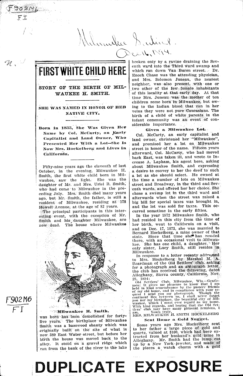 First white child here Source: Milwaukee Sentinel Date: 1894-12-16