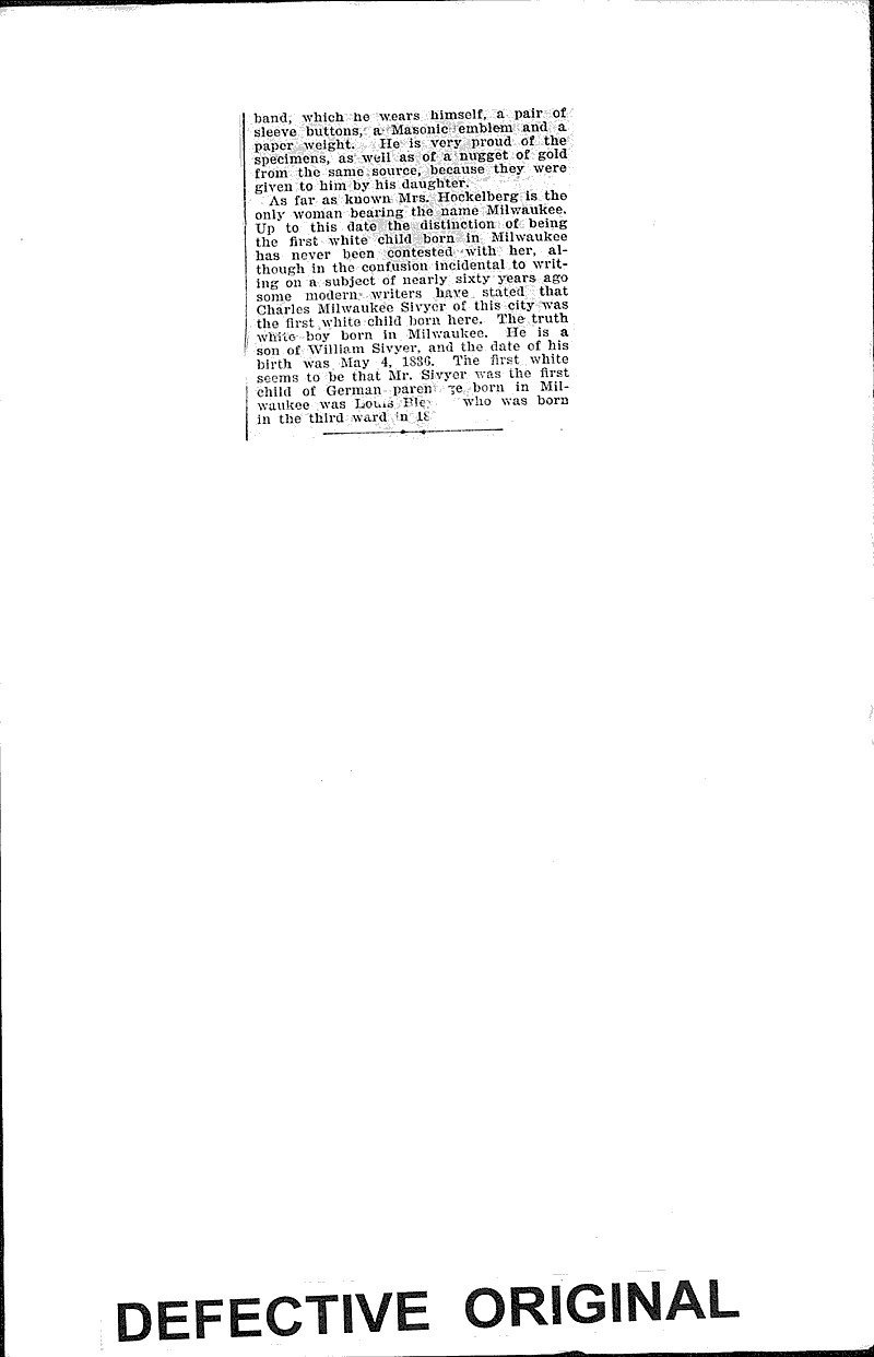 First white child here Source: Milwaukee Sentinel Date: 1894-12-16