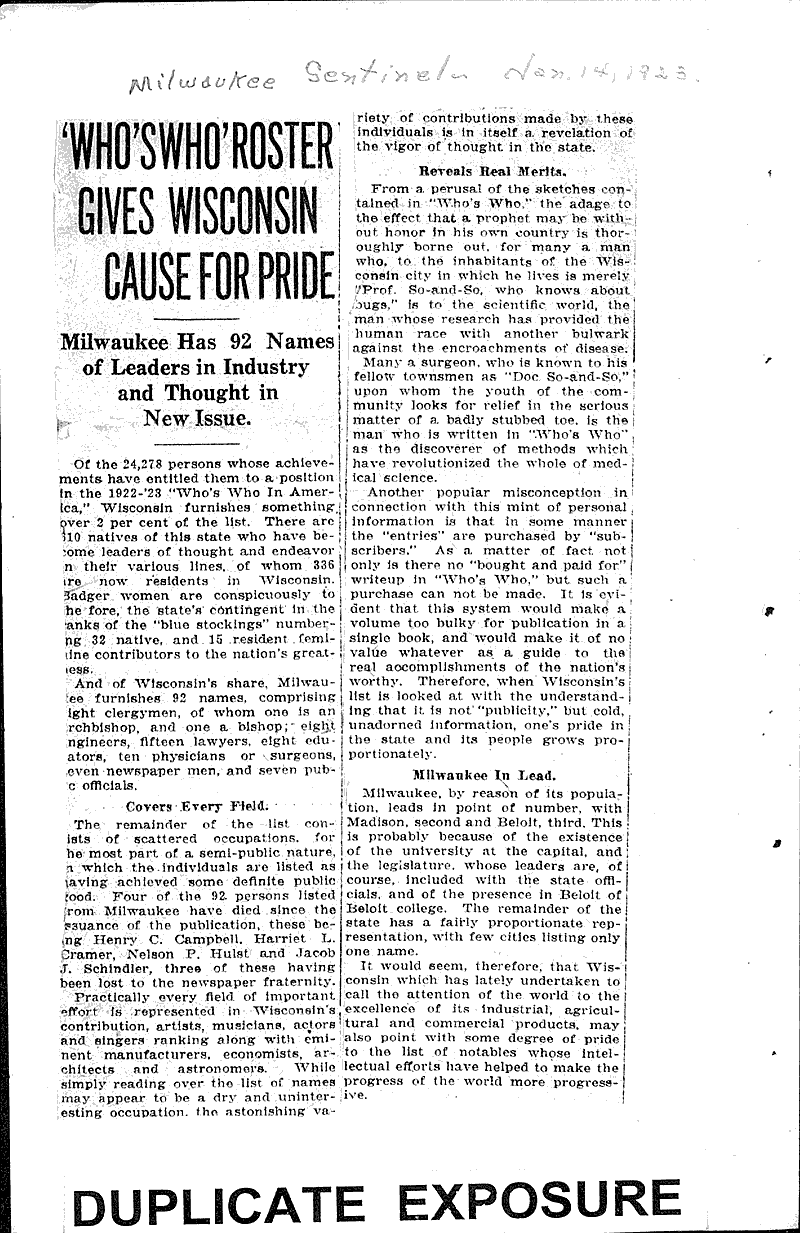  Source: Milwaukee Sentinel Topics: Industry Date: 1923-01-14