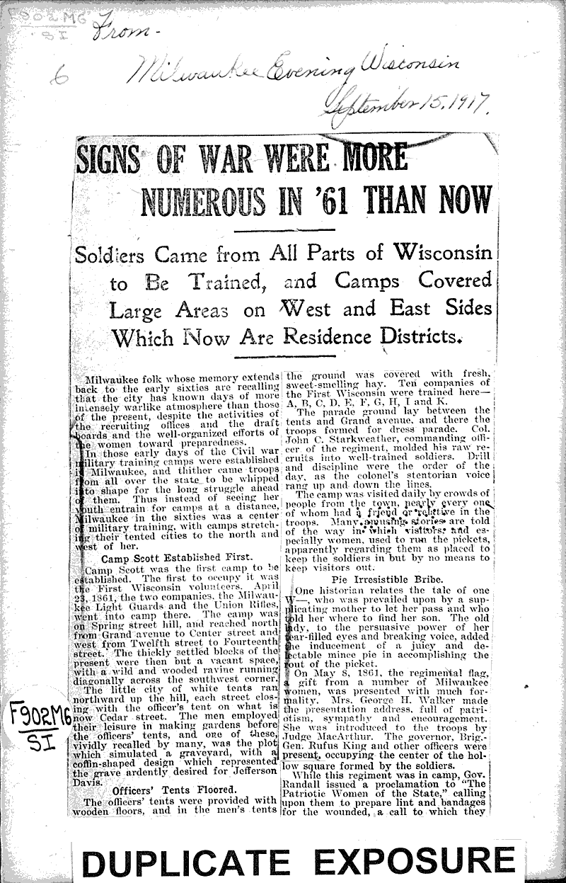  Source: Milwaukee Evening Wisconsin Topics: Civil War Date: 1917-09-15