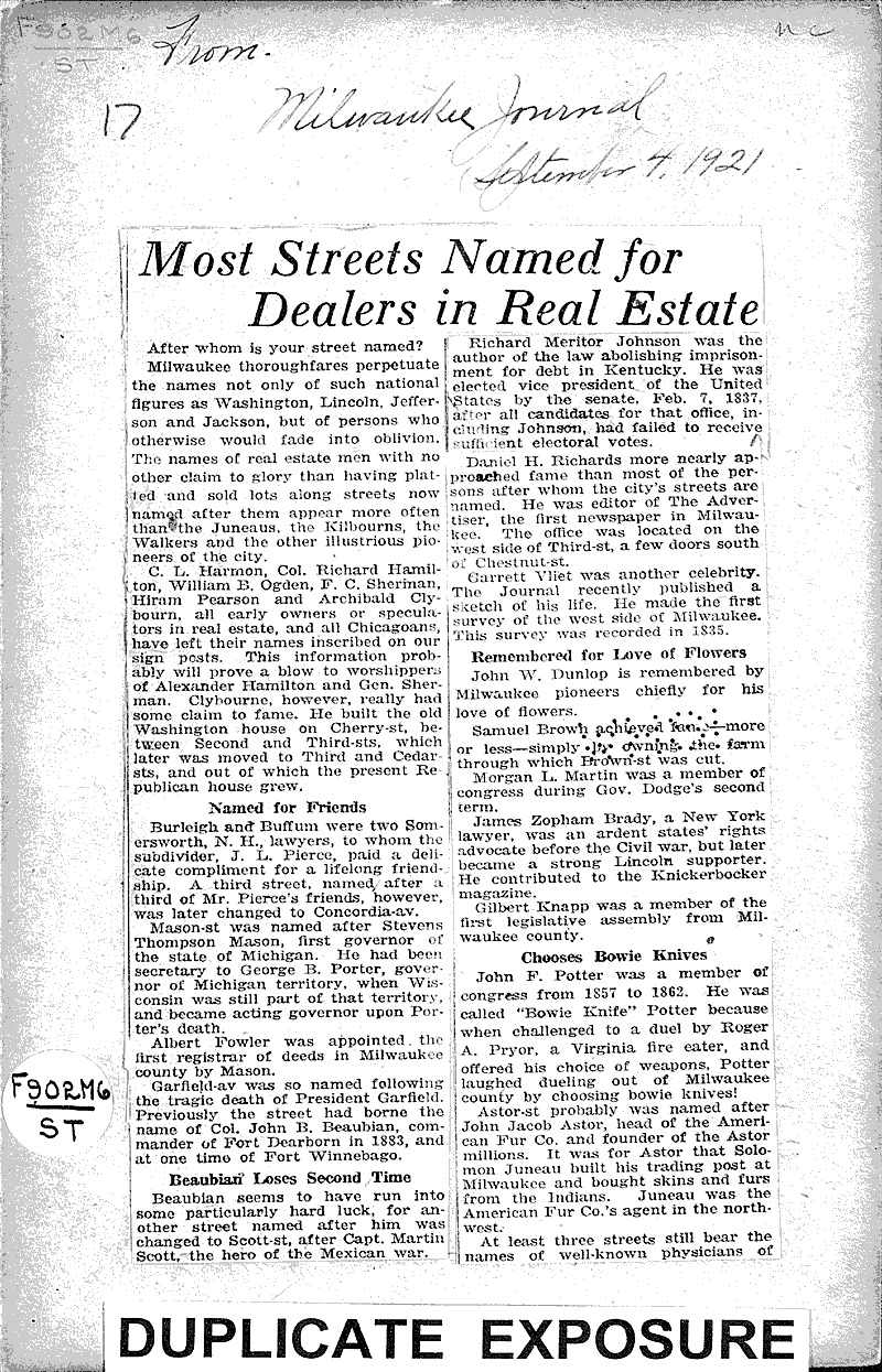 Most streets named for dealers in real estate Source: Milwaukee Journal Topics: Transportation Date: 1921-09-04