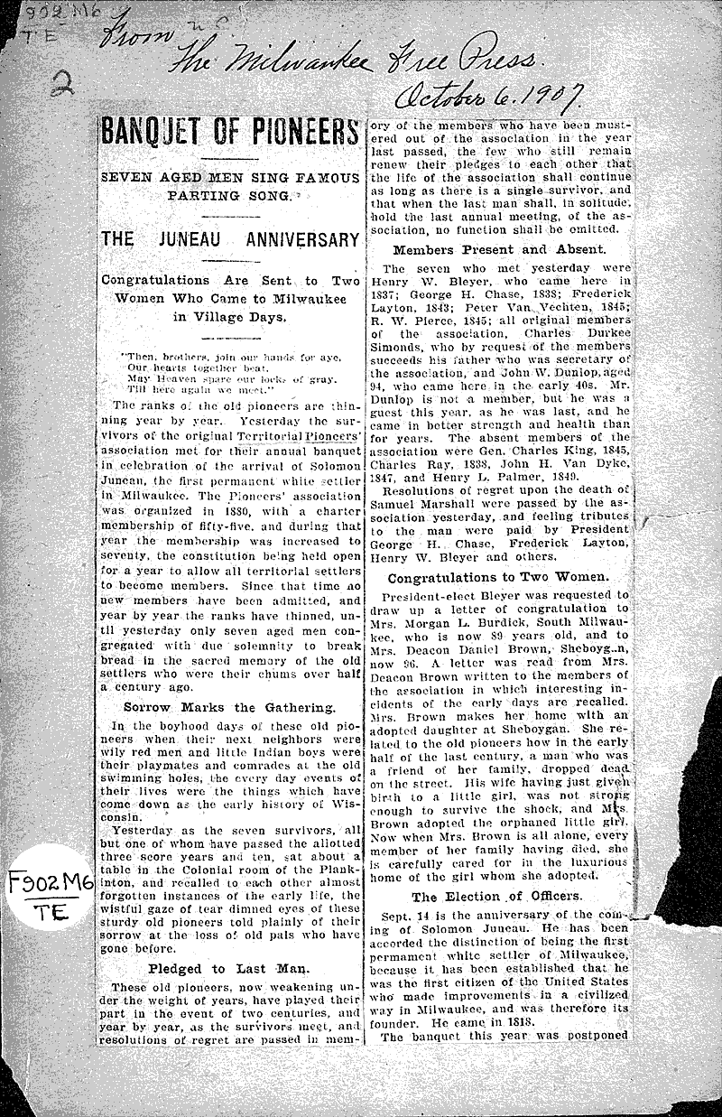 Banquet of pioneers Source: Milwaukee Free Press Date: 1907-10-06