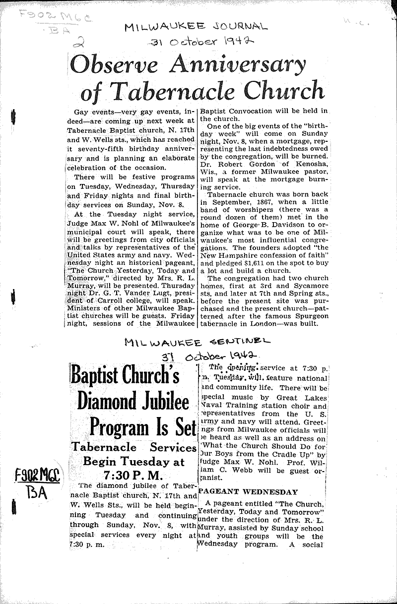 Observe anniversary of Tabernacle church Source: Milwaukee Journal Topics: Church History Date: 1942-10-31