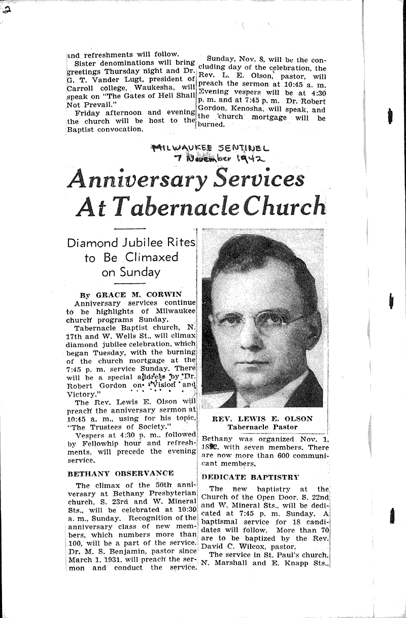 Observe anniversary of Tabernacle church Source: Milwaukee Journal Topics: Church History Date: 1942-10-31