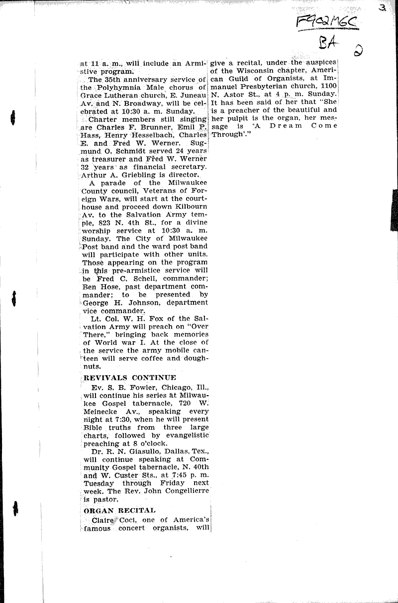 Observe anniversary of Tabernacle church Source: Milwaukee Journal Topics: Church History Date: 1942-10-31