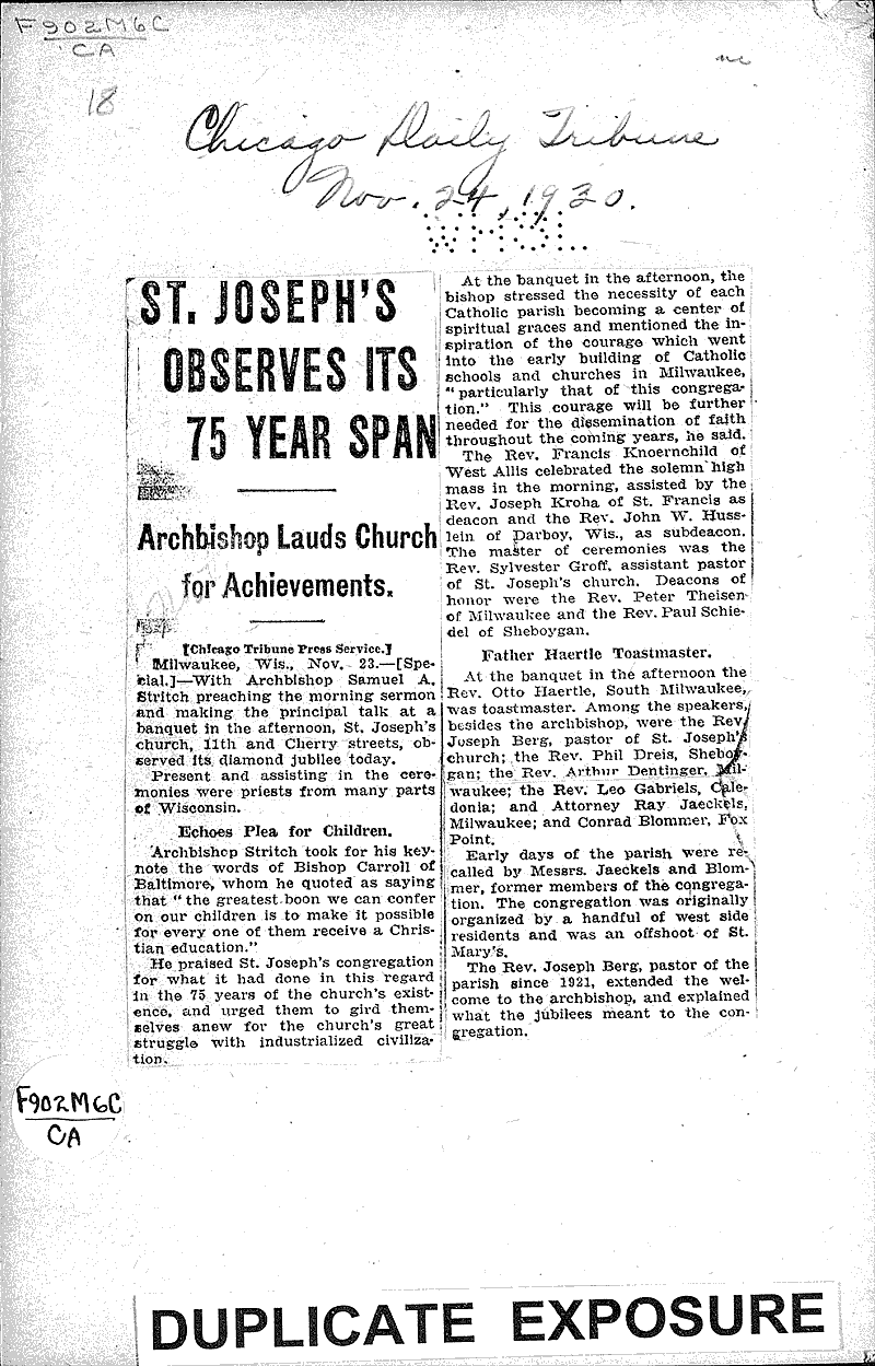 St. Joseph's observes its 75 year span Source: Chicago Daily Tribune Topics: Church History Date: 1930-11-24