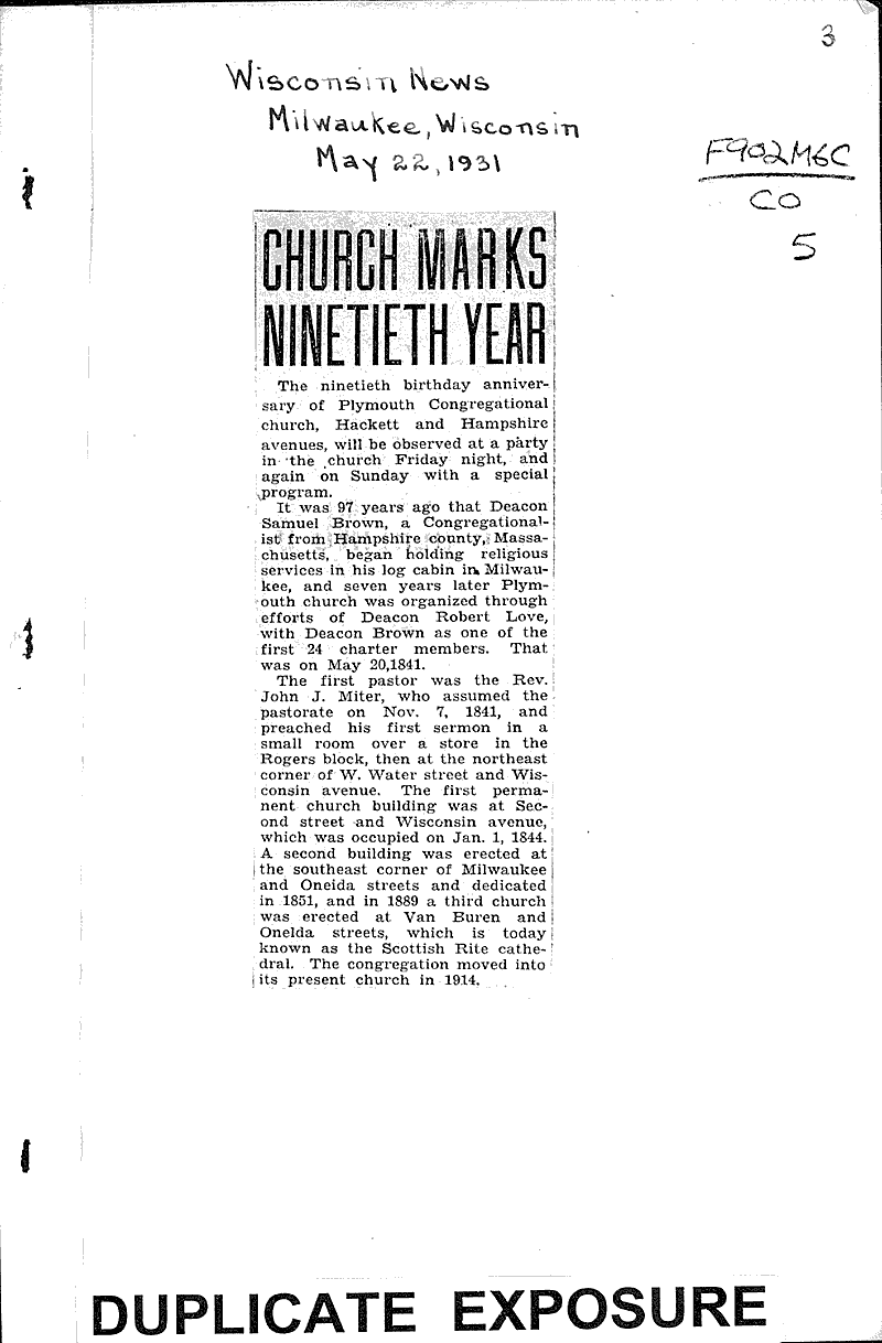  Source: Milwaukee Wisconsin News Topics: Church History Date: 1930-05-27