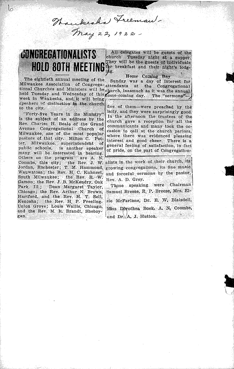 Congregationalists hold 80th meeting Source: Waukesha Daily Freeman Topics: Church History Date: 1922-05-22