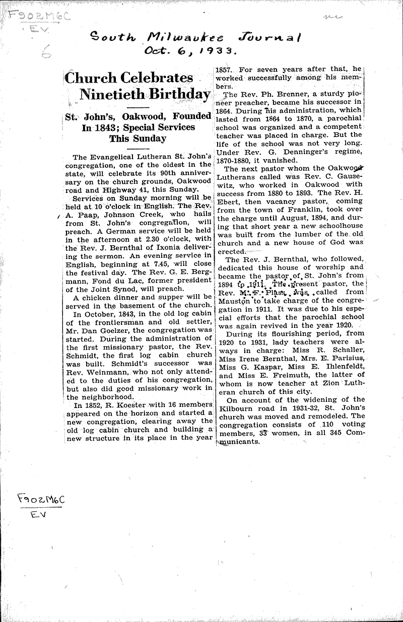  Source: South Milwaukee Journal Topics: Church History Date: 1933-10-06
