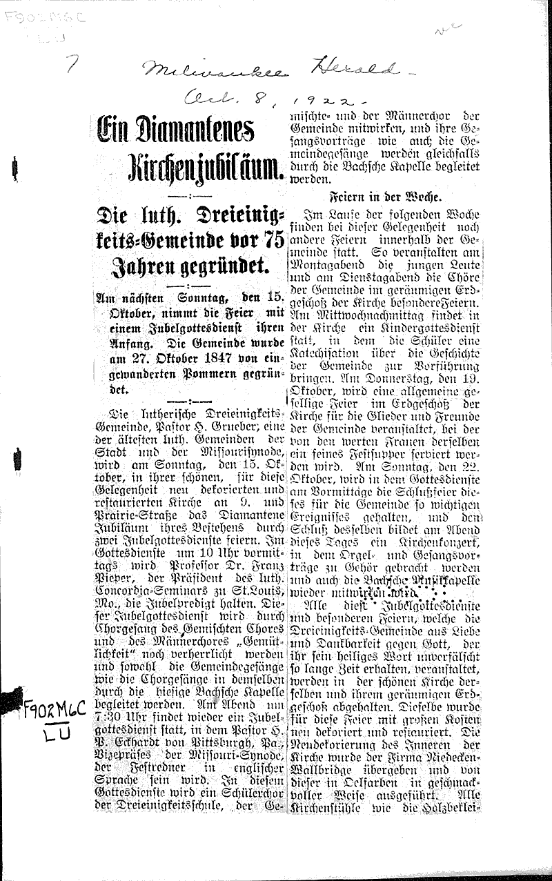 Ein diamantenes kirchenjubilaum Source: Milwaukee Herold Topics: Church History Date: 1922-10-08