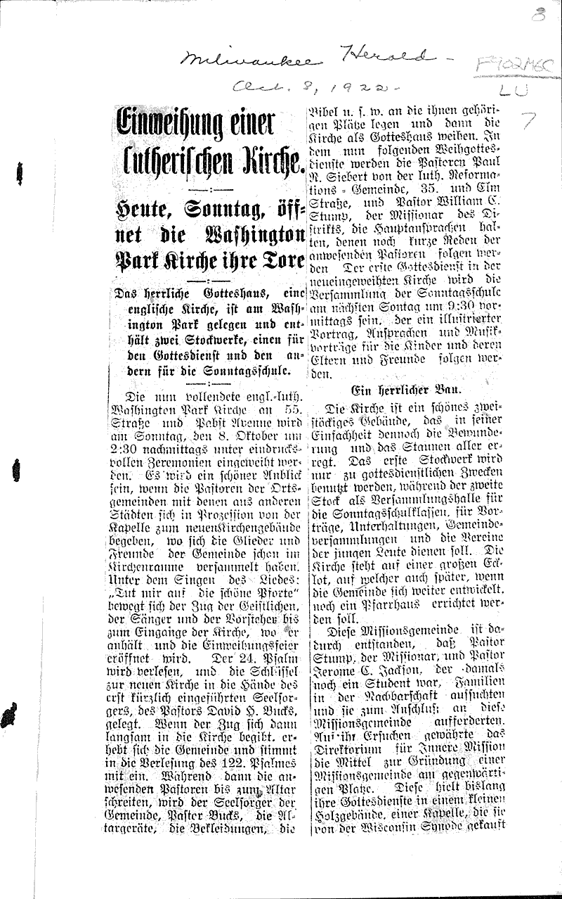 Ein diamantenes kirchenjubilaum Source: Milwaukee Herold Topics: Church History Date: 1922-10-08