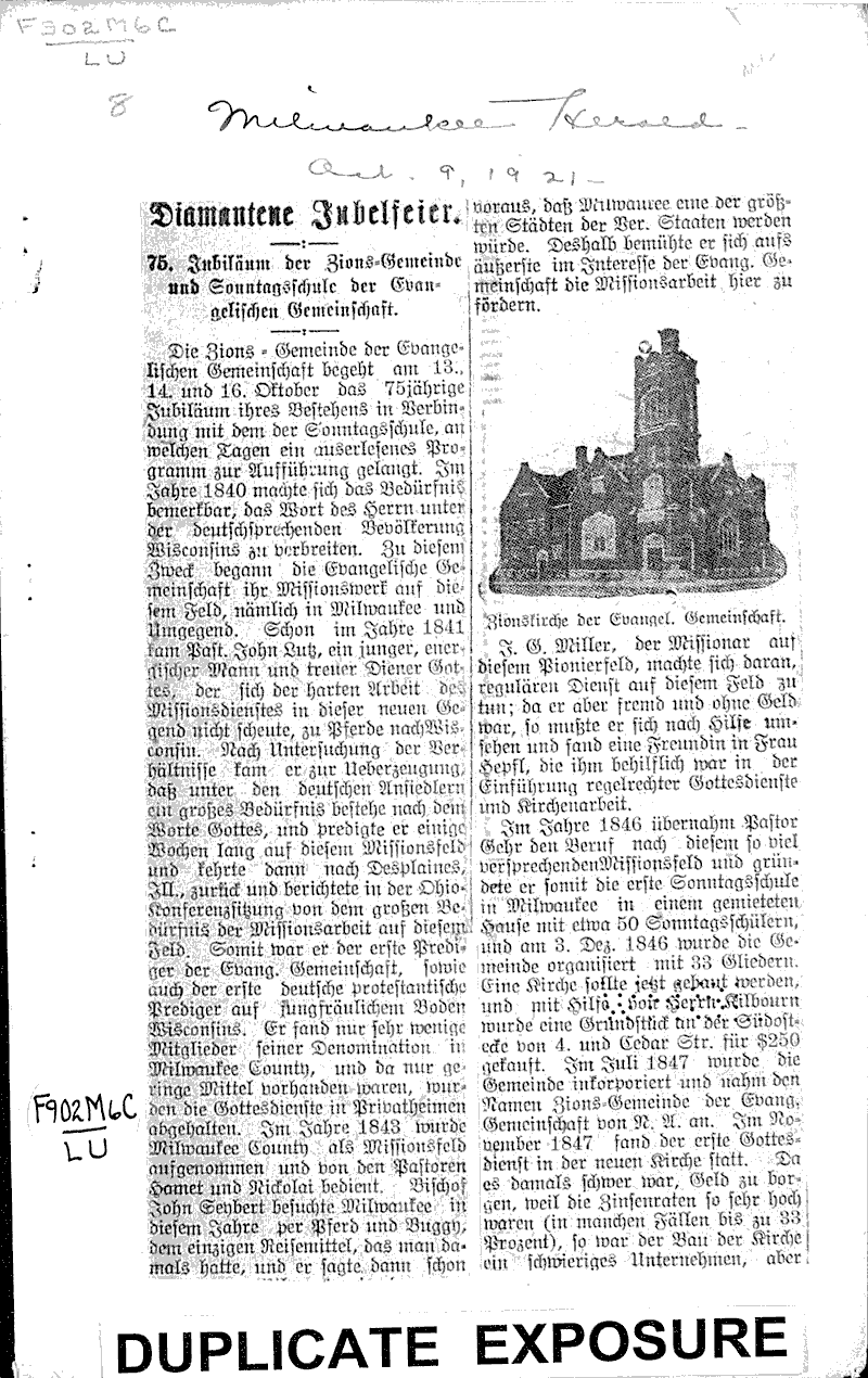 Ein diamantenes kirchenjubilaum Source: Milwaukee Herold Topics: Church History Date: 1922-10-08