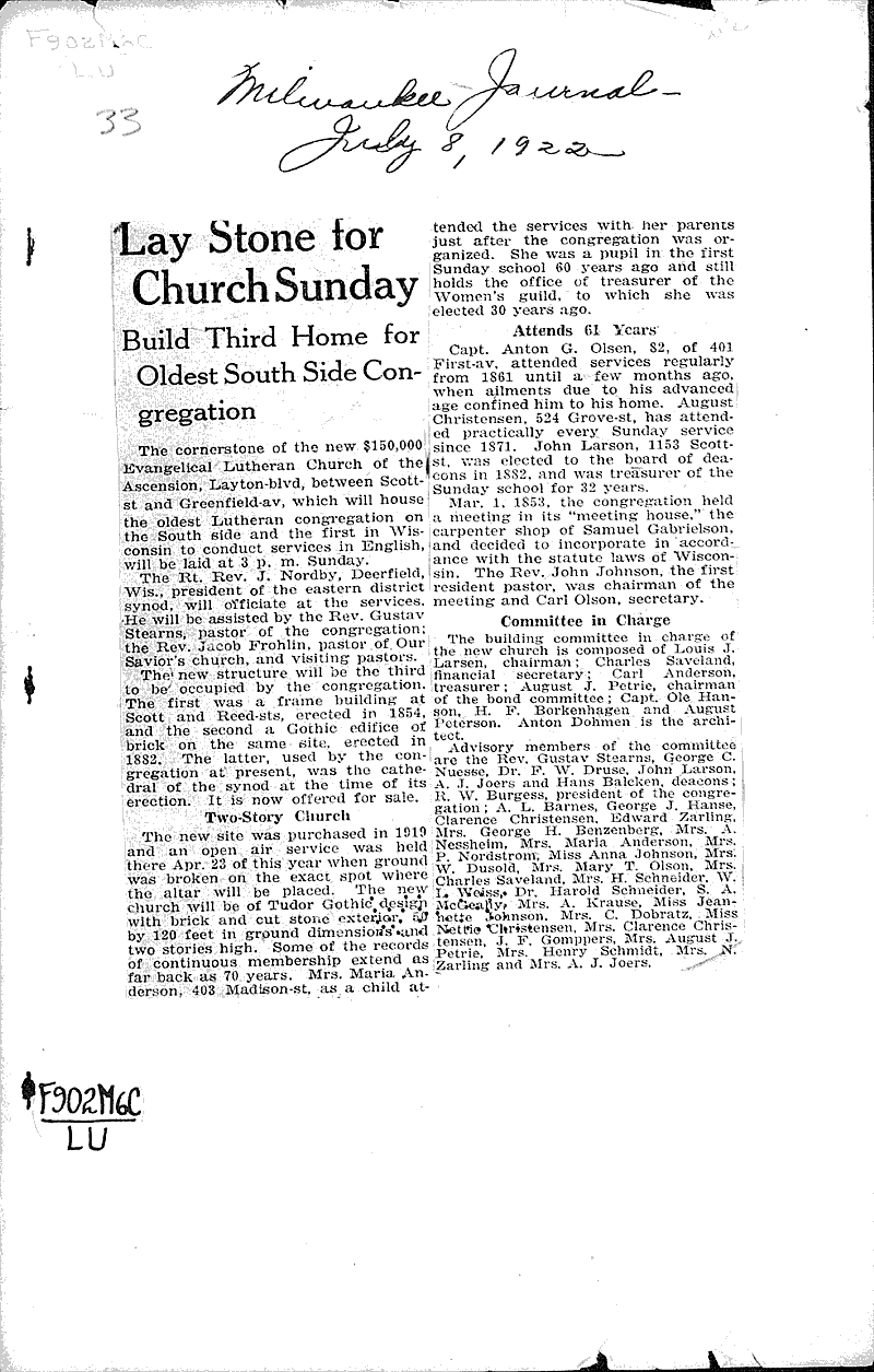  Source: Milwaukee Journal Topics: Church History Date: 1922-07-08