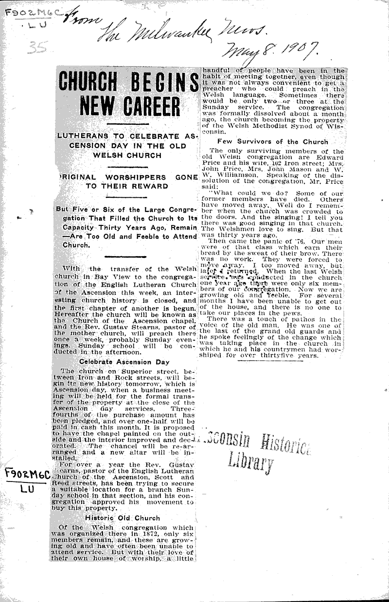  Source: Milwaukee News Topics: Church History Date: 1907-05-08