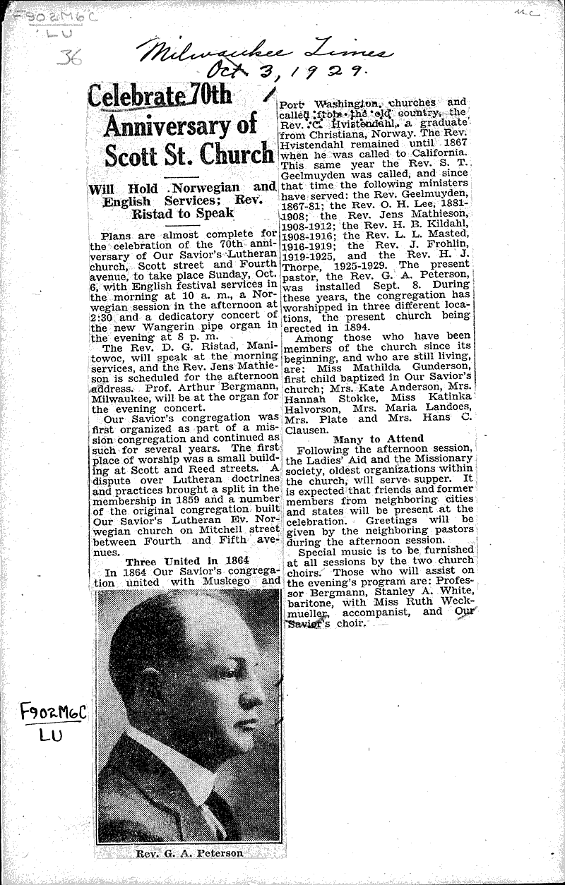  Source: Milwaukee Times Topics: Church History Date: 1929-10-03