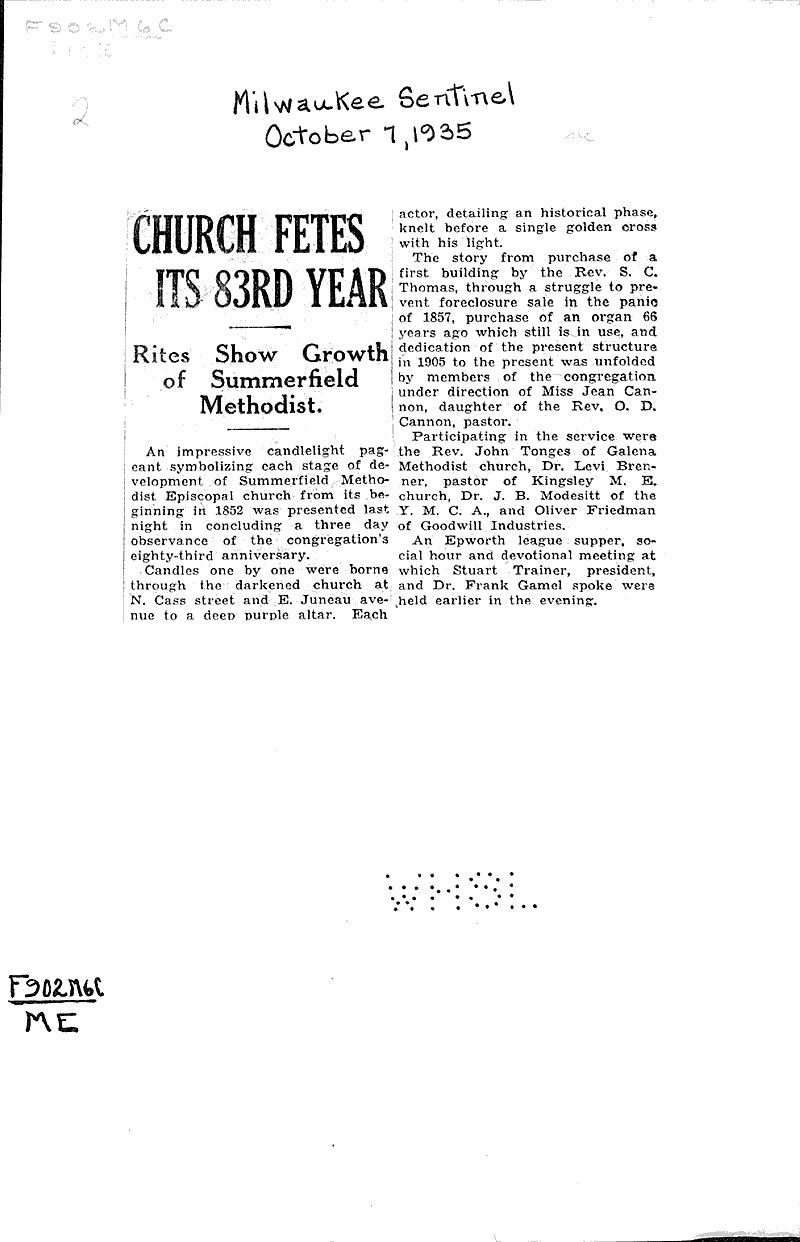  Source: Milwaukee Sentinel Topics: Church History Date: 1935-10-07