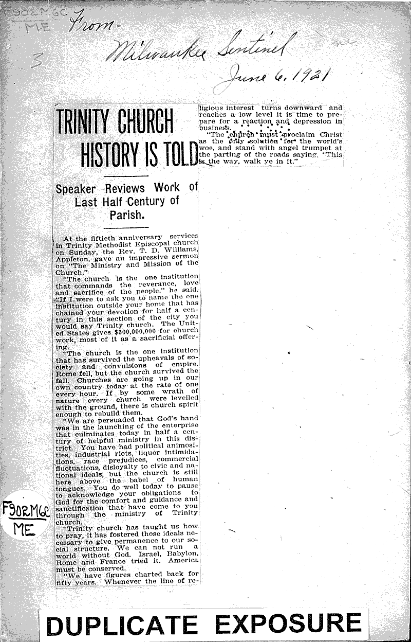 Source: Milwaukee Sentinel Topics: Church History Date: 1921-06-06