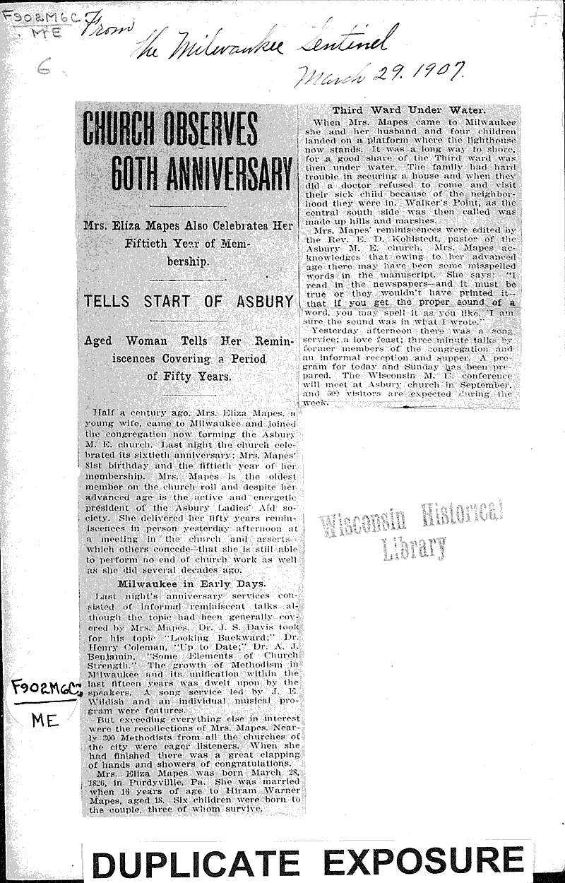  Source: Milwaukee Sentinel Topics: Church History Date: 1907-03-29