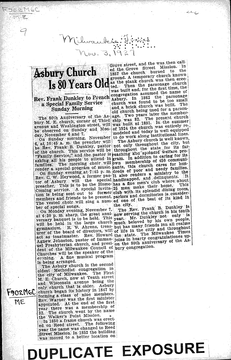  Source: Milwaukee Times Topics: Church History Date: 1927-11-03