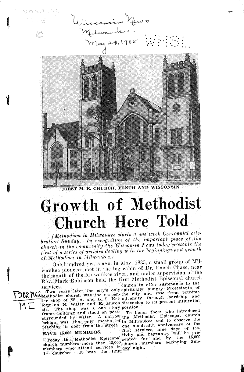  Source: Wisconsin News Topics: Church History Date: 1935-05-24