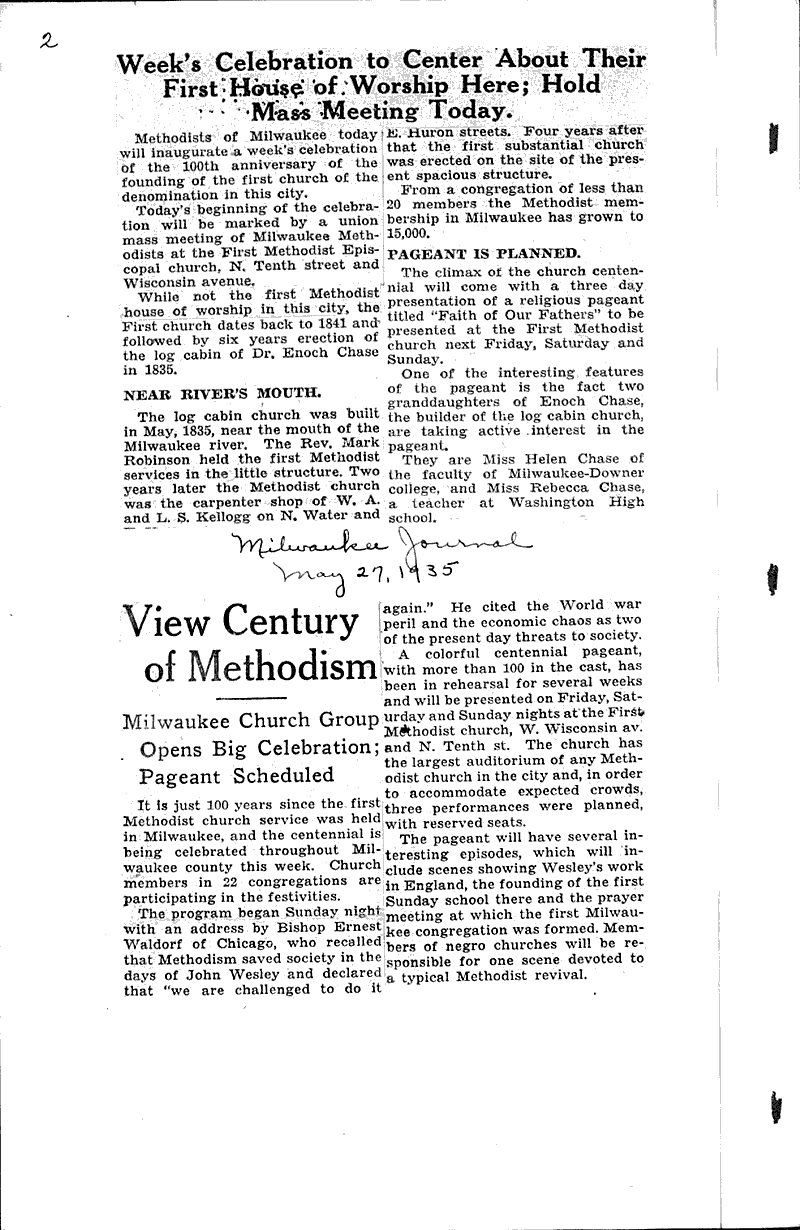  Source: Milwaukee Journal Topics: Church History Date: 1935-05-11