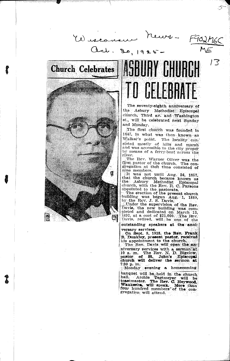Asbury church to celebrate Source: Wisconsin News Topics: Church History Date: 1925-10-30