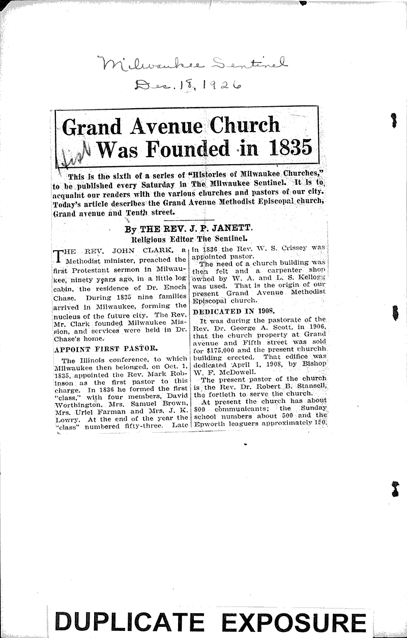  Source: Milwaukee Sentinel Topics: Church History Date: 1926-12-18