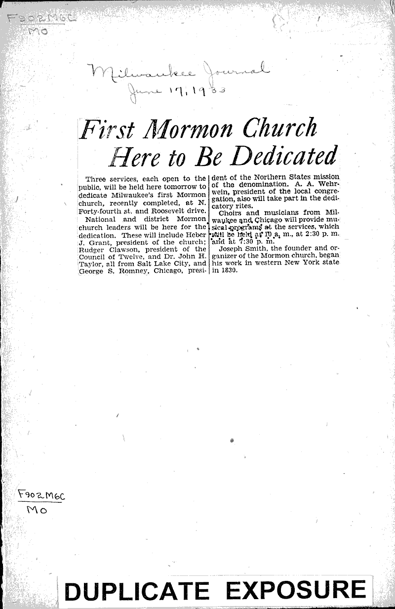  Source: Milwaukee Journal Topics: Church History Date: 1933-06-17